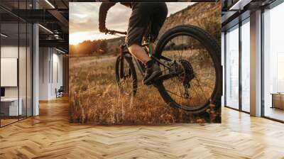 Crop man riding mountain bicycle at sunset Wall mural