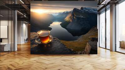 Generative AI illustration of hot tea in mountains at sunrise Wall mural