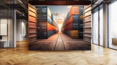 Storage at port with containers at sunset. Generative AI Wall mural