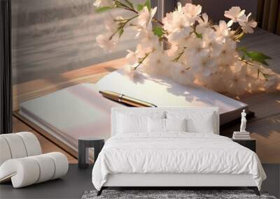 A notebook with blank pages and a pen/pencil on the table. Writer. Flowers Wall mural