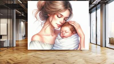 Watercolor mother and baby on white background. AI Wall mural