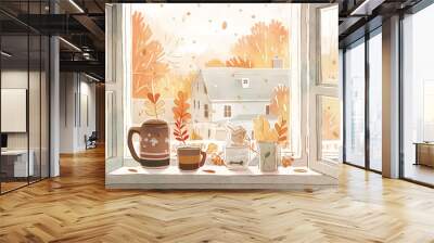 Window sill with steaming mug of cocoa and a heartwarming view of fall colors Wall mural