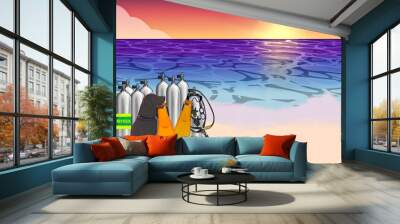 Scuba equipment and Labrador retriever on the beach at Sunset time Wall mural