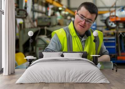 Dedicated worker with down syndrome special needs embodying inclusion in industrial factory setting Wall mural