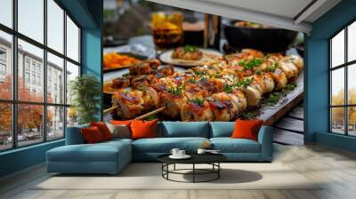 Delicious grilled chicken skewers with herbs served on wooden table with beautiful outdoor view. professional advertising food photography Wall mural