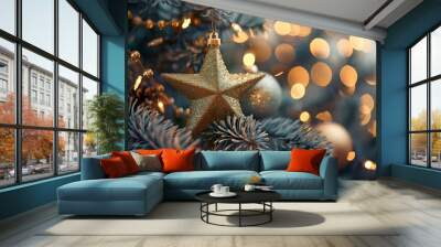 Golden star Christmas tree ornament in snow, bokeh lights, winter holiday decoration banner Wall mural