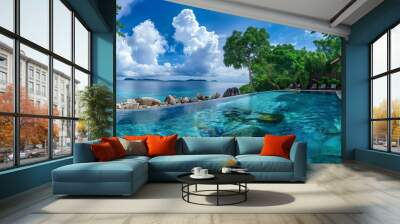 Luxury hotel swimming pool overlooking tropical island panoramic view, summer vacation tourism ads banner Wall mural