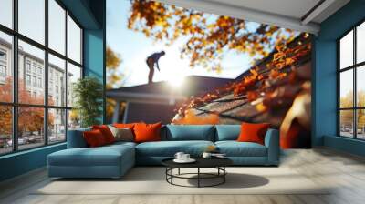 Man cleaning autumn leaves and debris from clogged gutter on residential home roof in the fall Wall mural