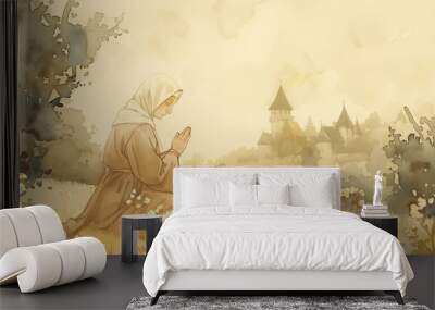 Old woman Nun praying in medieval landscape with mystical cathedral church in distance, watercolor illustration Wall mural