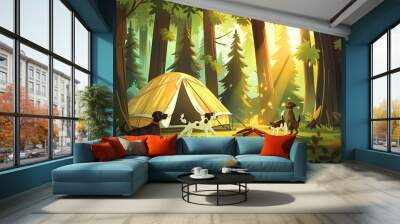 Playful dogs gathered around yellow camping tent and campfire, outdoor nature forest adventure, flat illustration Wall mural