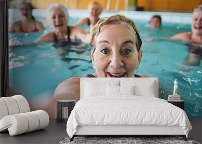 Smiling senior woman takes selfie indoor swimming pool during aerobic class session with friends Wall mural