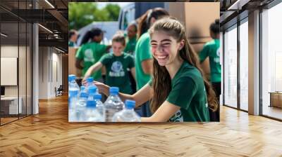 Teenage girl helping at community event diverse people unloading water bottles from truck, charity volunteer work Wall mural