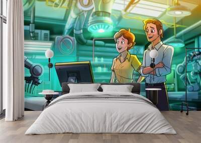 Two engineers discussing robotics technology in modern high tech industrial factory research lab, illustration Wall mural