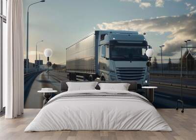 White semi truck hauling cargo delivering highway freight transport, long distance logistics trucking Wall mural