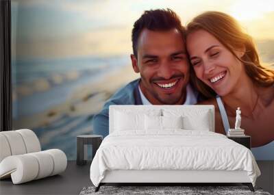 Young happy hispanic couple enjoy romantic moment on sunset beach shore, copy space banner Wall mural