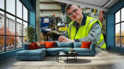 Young man with down syndrome special needs working in factory, inclusion concept Wall mural