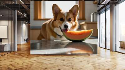 A corgi playfully interacts with a slice of watermelon on a kitchen counter. Wall mural