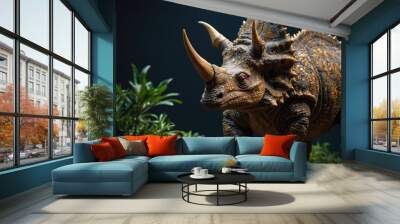 A detailed model of a Triceratops amidst lush greenery. Wall mural