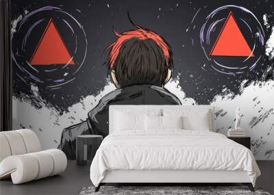 A figure with red hair stands against a dark background, flanked by two red triangles. Wall mural