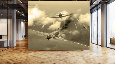 'Vintage Style' image of a World War 2 US fighter plane shooting down Japanese torpedeo bomber over Saipan. (Artists Impression) Wall mural