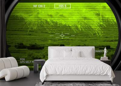 Thermal gun sight image aimed a platoon of tanks launching countermeasures. Computer Illustration. Wall mural