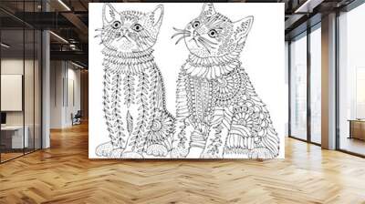 Hand drawn two kittens. Sketch for anti-stress adult coloring book in zen-tangle style. Vector illustration  for coloring page. Wall mural