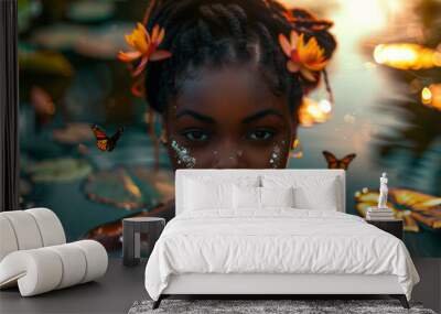 A beautiful exotic black african american girl emerging from pound water with plants and beautiful light showing the details of the beauty face in this luxuriant environment Wall mural