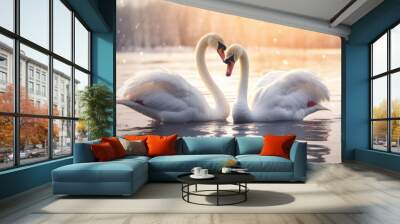 A pair of swans are dancing on the lake. They lean on each other. Their feathers are as white as snow. They look very elegant against the lake. Wall mural