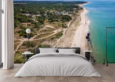 Aerial drone shot of white sand beach of Les Gros Jonc in Le Bois Plage en Ré on island of Re France Wall mural