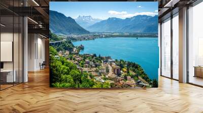 Aerial view of Geneva lake with Swiss Alps panorama from Montreux to Villeneuve and Chillon castle in Veytaux city Switzerland Wall mural