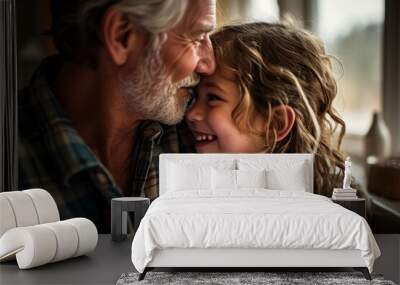 Affectionate moment between smiling caucasian grandfather and granddaughter at home, showcasing a warm, loving family dynamic Wall mural