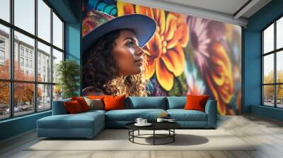 Afro american woman portrait posing in front of a floral colorful mural graffiti wall and copy space Wall mural