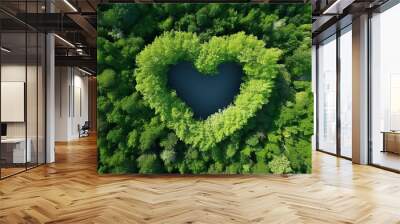 Ariel top down view view of heart shape in the middle of a forest aerial top down view landscape background , nature love illustration concept Wall mural