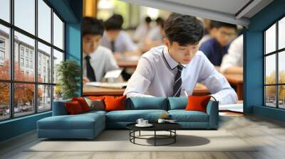 Asian boys students taking an exam in a classroom , examination test takers in a class in Asia Wall mural