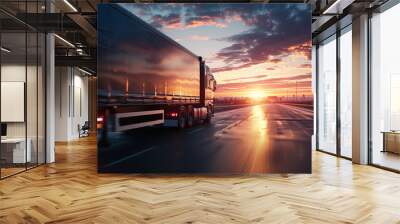 Back closeup view of a delivery truck driving on a road with morning sunrise light and cityscape in background Wall mural