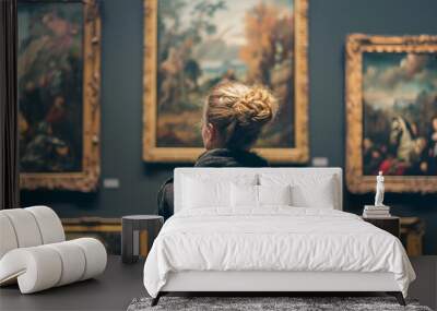 Back portrait of an adult woman looking at museum paintings in an old museum art gallery Wall mural