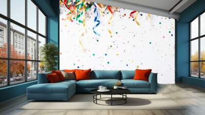 Background with colored confetti and streamers isolated on white background for birthday party or New Year's festivities and copy space Wall mural