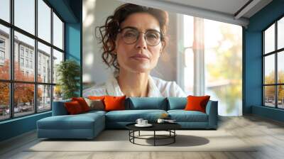 Beautiful 45 years old gentle brunette hispanic woman, wearing glasses, formal slick hairstyle, smooth face in a modern office building, wearing white shirt, beside a huge window Wall mural