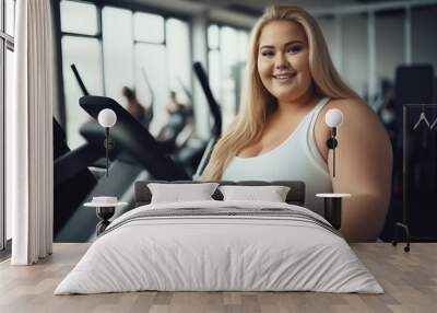 Beautiful chubby girl at the gym , overweight young woman doing exercises Wall mural