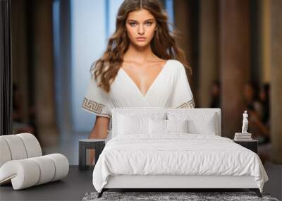 Beautiful top model girl in the fashion week runway wearing white dress Wall mural