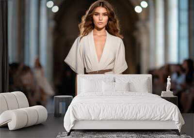 Beautiful top model girl in the fashion week runway wearing white dress Wall mural