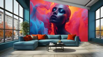 Black bald beautiful woman portrait surrounded by colorful smoke and splashes Wall mural