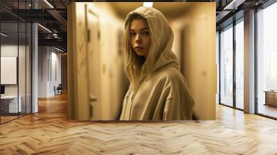 Blonde hair teenager standing in her beige light yellow hoodie in hallway Wall mural