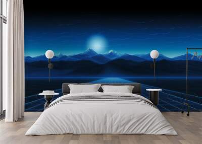 Blue landscape background with digital grid on the ground and mountains in backdrop Wall mural