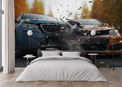 Car accident concept illustration with two cars crashing together Wall mural