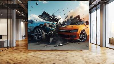 Car accident concept illustration with two cars crashing together Wall mural