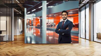 Car seller in suit in front of a modern car dealer shop Wall mural