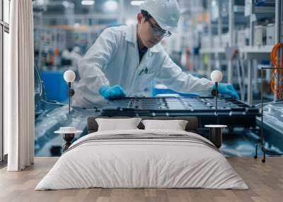 Chinese engineer working on EV car battery cells module in a electric vehicle factory Wall mural