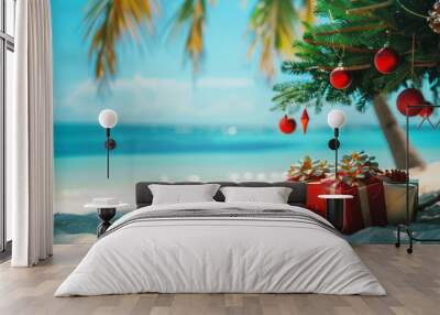 christmas in southern hemisphere with a palm tree with christmas decorations and gift boxes on tropi Wall mural