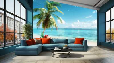 Christmas in southern hemisphere with a palm tree with christmas decorations and gift boxes on tropical beach with white sand and beautiful blue sea view and copy space Wall mural